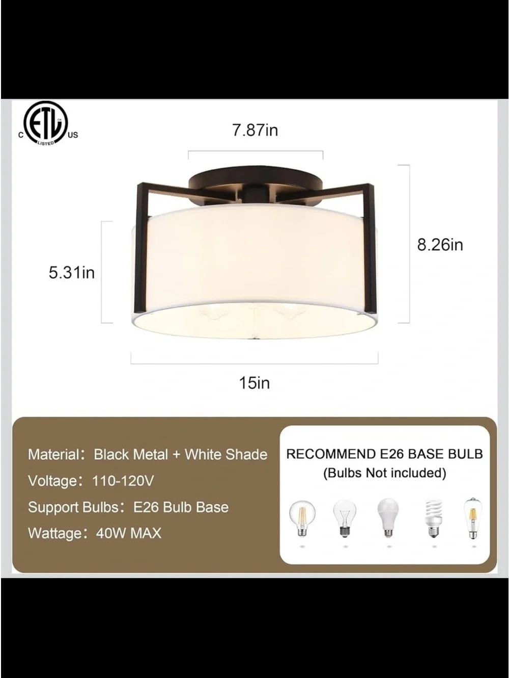 3-Light Semi Flush Mount Ceiling Light - Modern Black Drum Fixture - New in Box